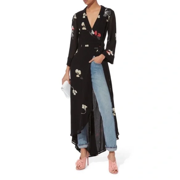 Ganni lorita georgette floral maxi dress 3/4 sleeve black, white and red flowers - Picture 8 of 13